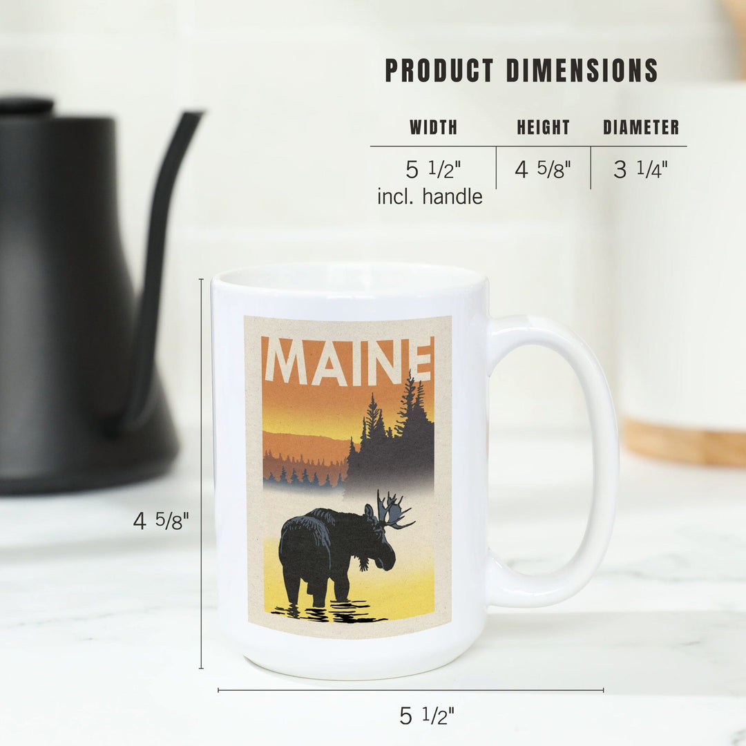 Maine, Moose at Dawn, Woodblock, Lantern Press Artwork, Ceramic Mug Mugs Lantern Press 