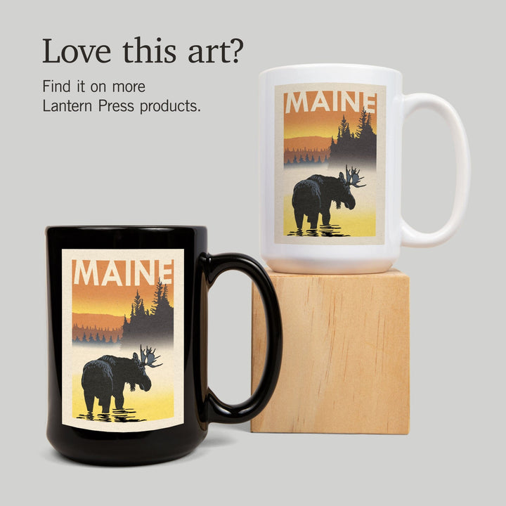 Maine, Moose at Dawn, Woodblock, Lantern Press Artwork, Ceramic Mug Mugs Lantern Press 