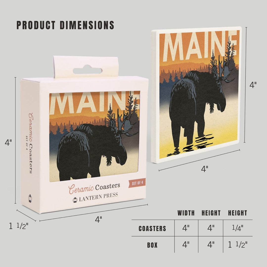 Maine, Moose at Dawn, Woodblock, Lantern Press Artwork, Coaster Set - Lantern Press