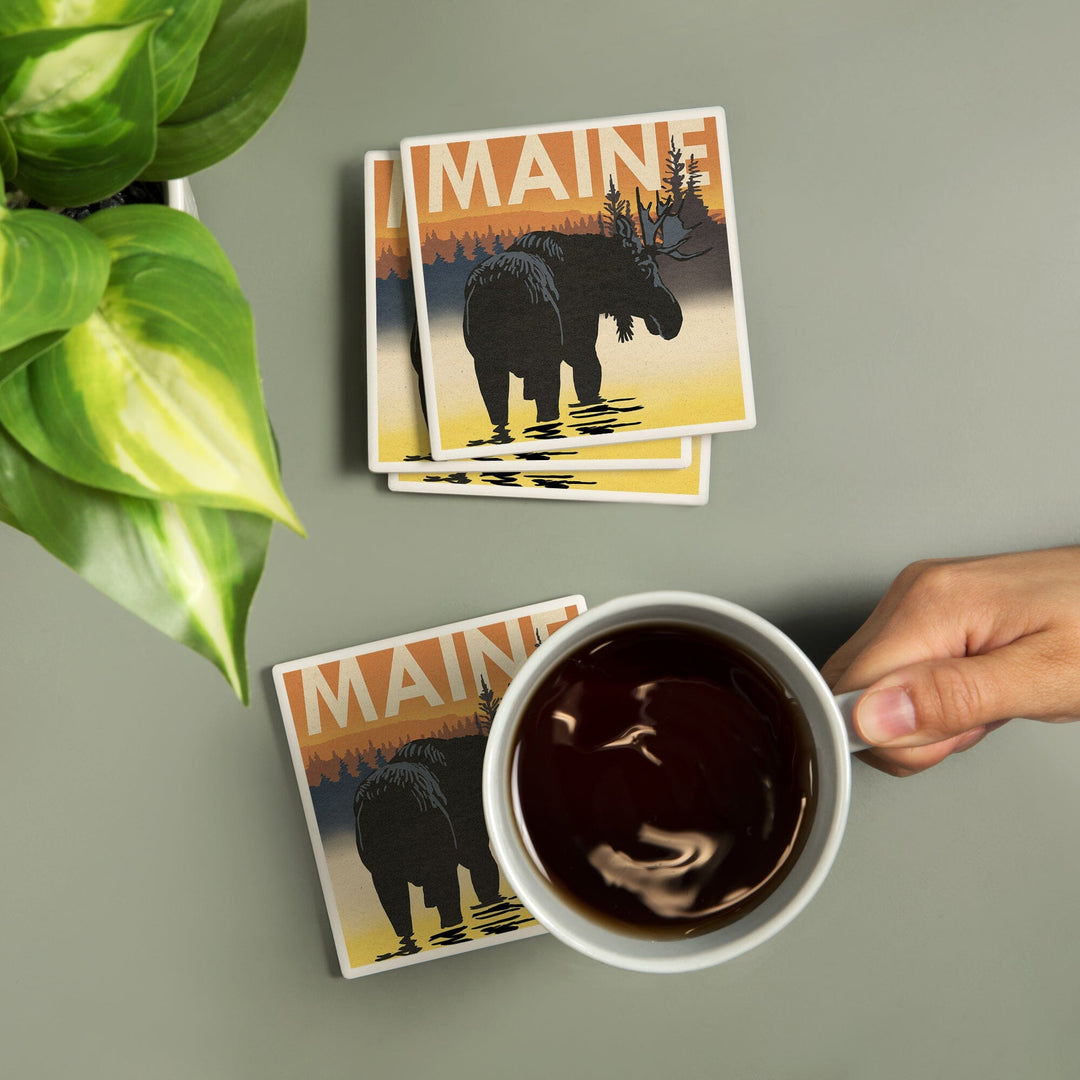 Maine, Moose at Dawn, Woodblock, Lantern Press Artwork, Coaster Set - Lantern Press