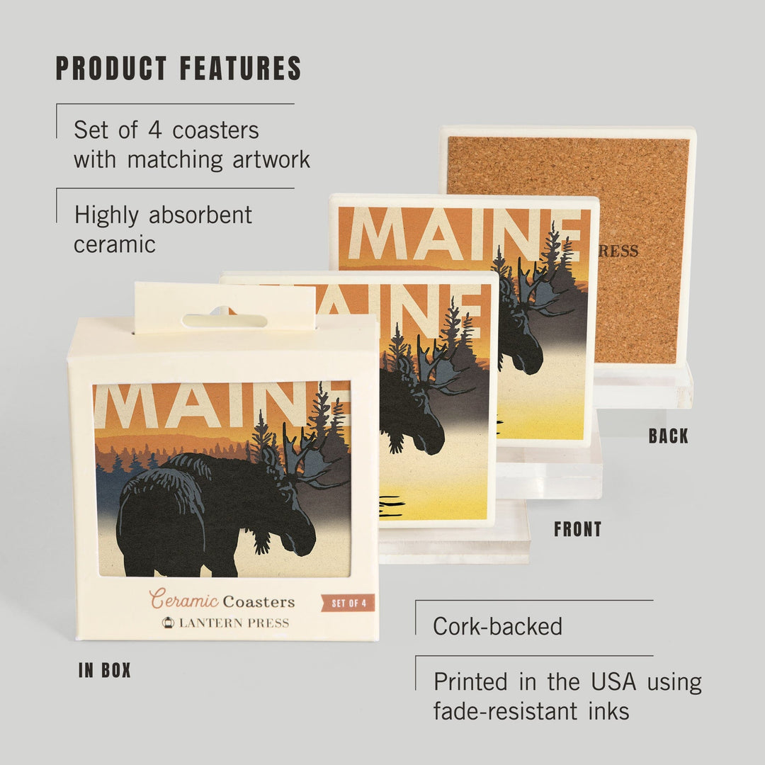 Maine, Moose at Dawn, Woodblock, Lantern Press Artwork, Coaster Set - Lantern Press