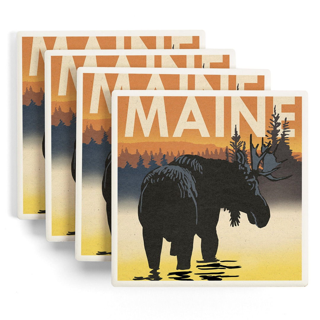 Maine, Moose at Dawn, Woodblock, Lantern Press Artwork, Coaster Set - Lantern Press