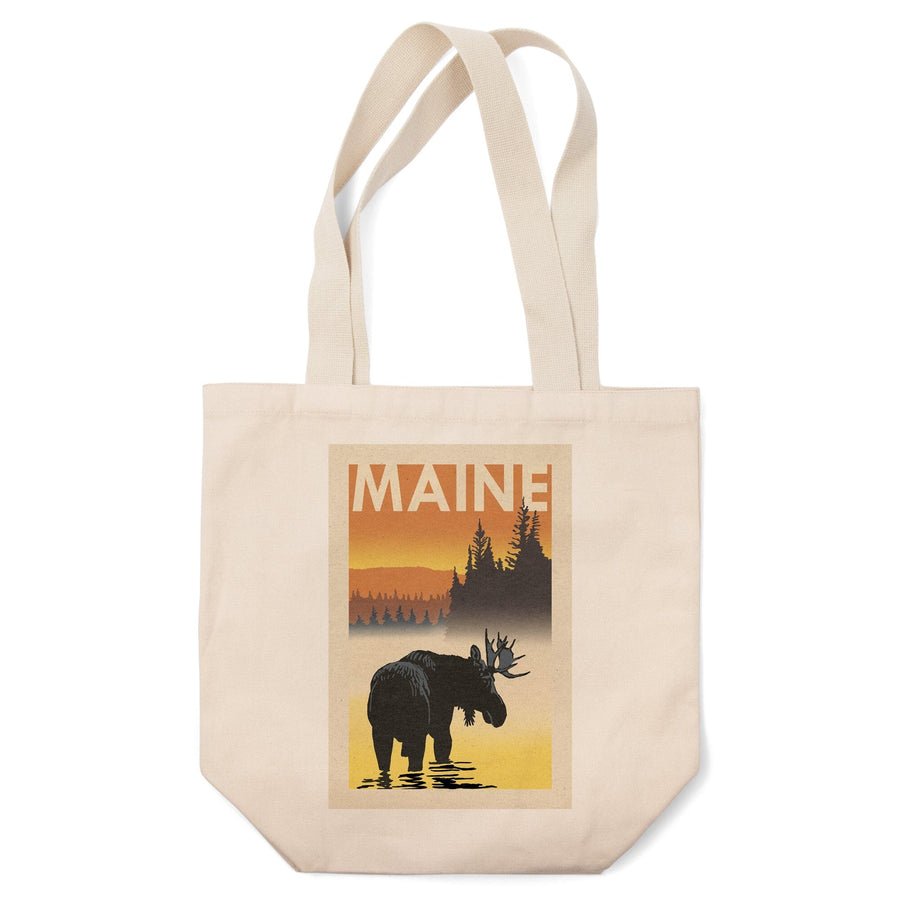 Maine, Moose at Dawn, Woodblock, Lantern Press Artwork, Tote Bag Totes Lantern Press 