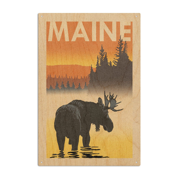 Maine, Moose at Dawn, Woodblock, Lantern Press Artwork, Wood Signs and Postcards Wood Lantern Press 10 x 15 Wood Sign 