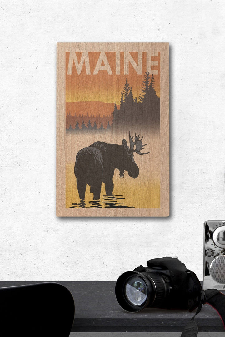 Maine, Moose at Dawn, Woodblock, Lantern Press Artwork, Wood Signs and Postcards Wood Lantern Press 12 x 18 Wood Gallery Print 