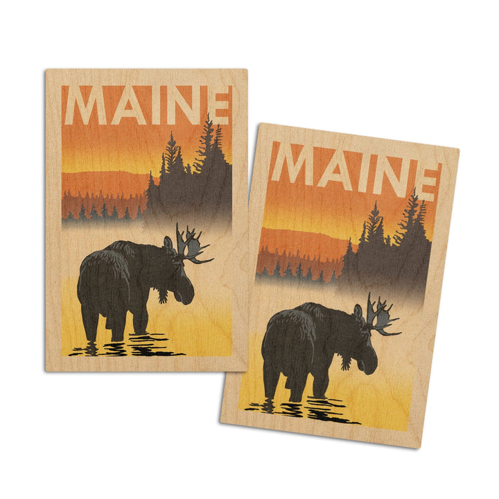 Maine, Moose at Dawn, Woodblock, Lantern Press Artwork, Wood Signs and Postcards Wood Lantern Press 4x6 Wood Postcard Set 