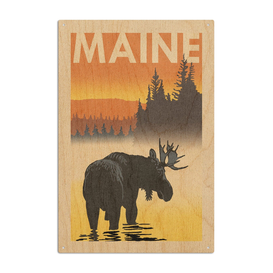 Maine, Moose at Dawn, Woodblock, Lantern Press Artwork, Wood Signs and Postcards Wood Lantern Press 6x9 Wood Sign 