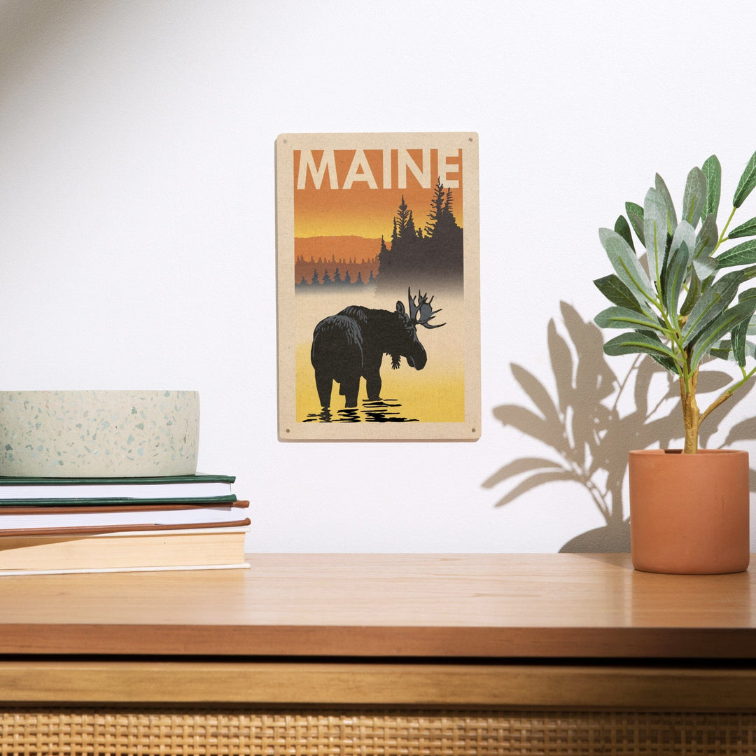 Maine, Moose at Dawn, Woodblock, Lantern Press Artwork, Wood Signs and Postcards Wood Lantern Press 