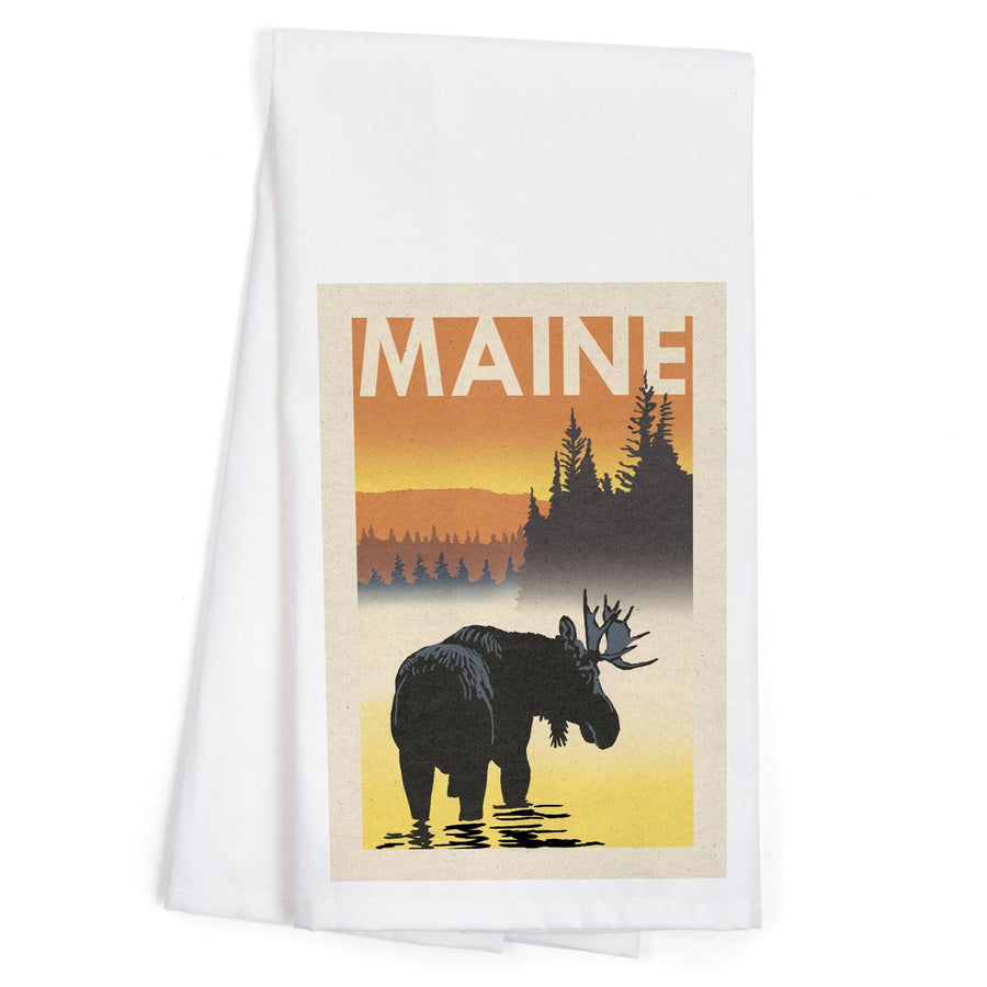 Maine, Moose at Dawn, Woodblock, Organic Cotton Kitchen Tea Towels Kitchen Lantern Press 