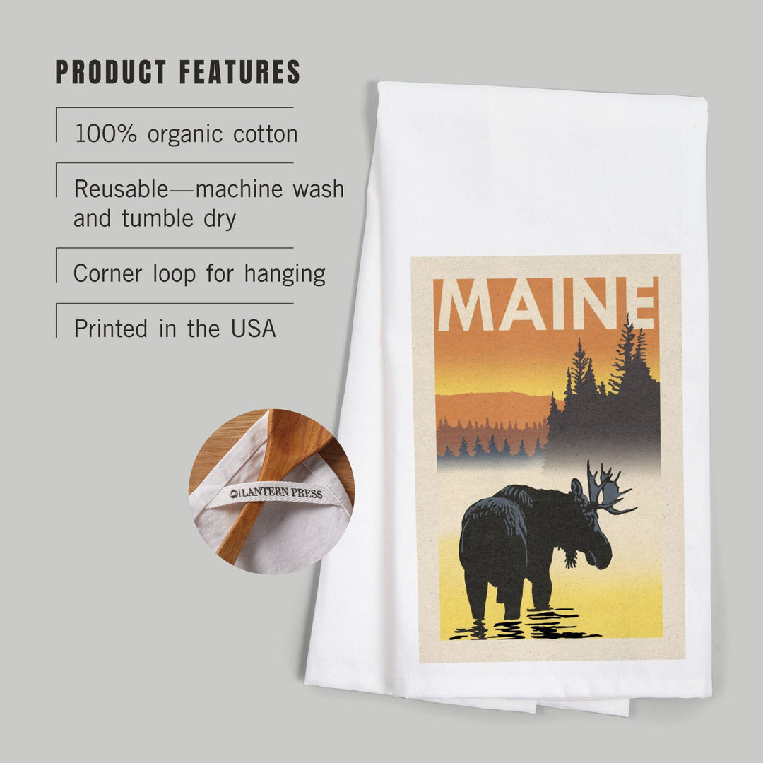 Maine, Moose at Dawn, Woodblock, Organic Cotton Kitchen Tea Towels Kitchen Lantern Press 