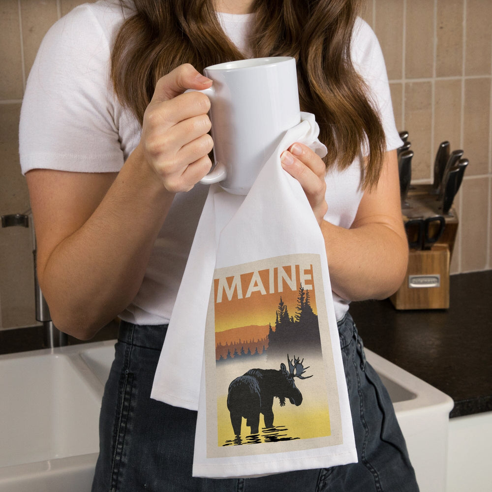 Maine, Moose at Dawn, Woodblock, Organic Cotton Kitchen Tea Towels Kitchen Lantern Press 