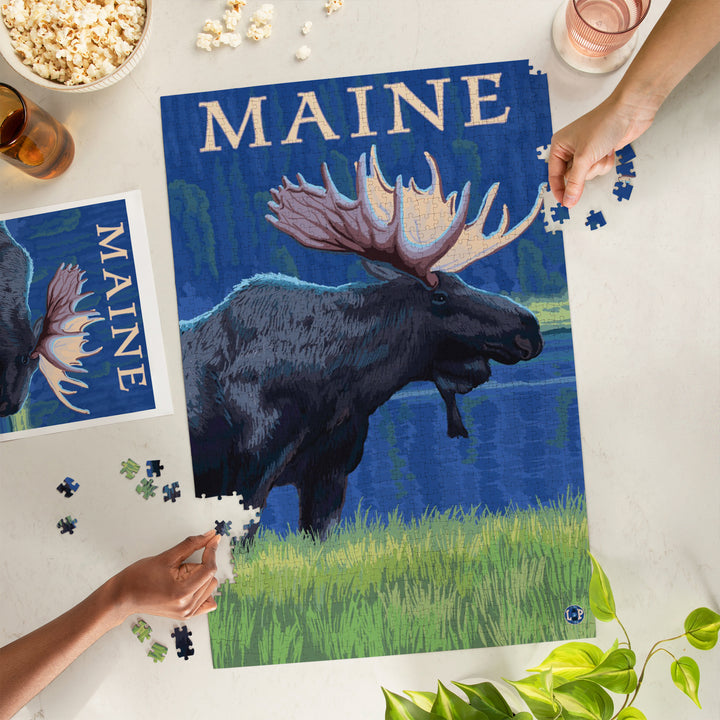 Maine, Moose in the Moonlight, Jigsaw Puzzle Puzzle Lantern Press 