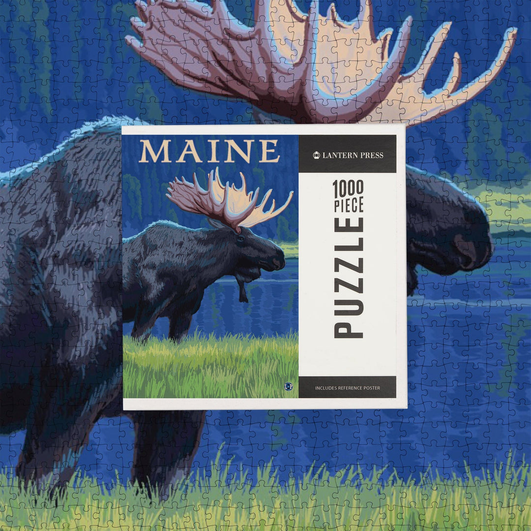 Maine, Moose in the Moonlight, Jigsaw Puzzle Puzzle Lantern Press 