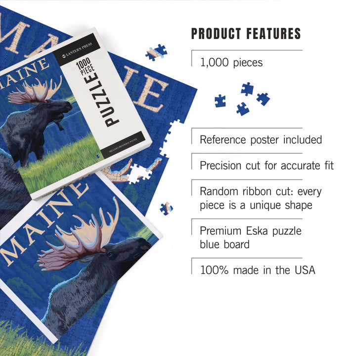 Maine, Moose in the Moonlight, Jigsaw Puzzle Puzzle Lantern Press 
