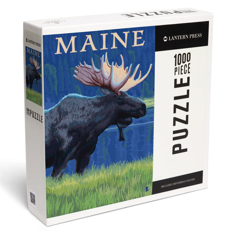 Maine, Moose in the Moonlight, Jigsaw Puzzle Puzzle Lantern Press 