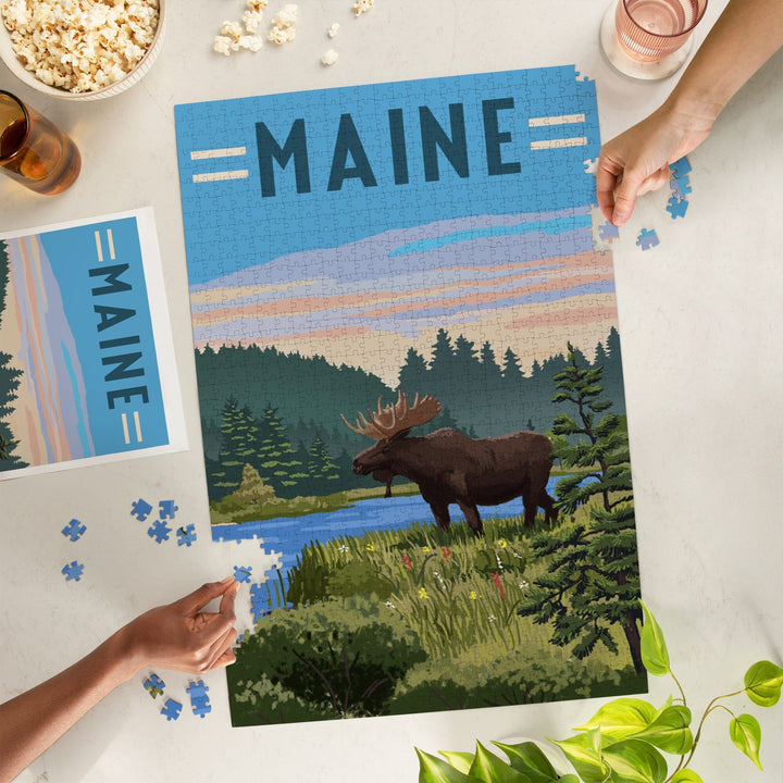 Maine, Moose, Summer Scene, Jigsaw Puzzle Puzzle Lantern Press 