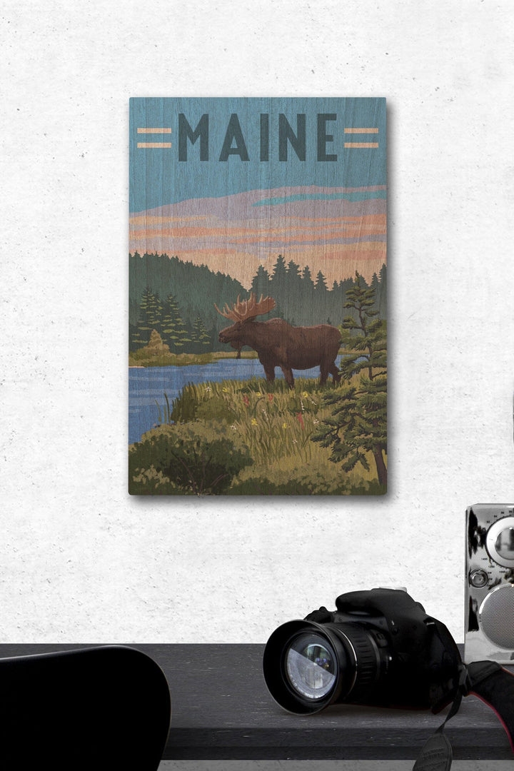 Maine, Moose, Summer Scene, Lantern Press Artwork, Wood Signs and Postcards Wood Lantern Press 12 x 18 Wood Gallery Print 