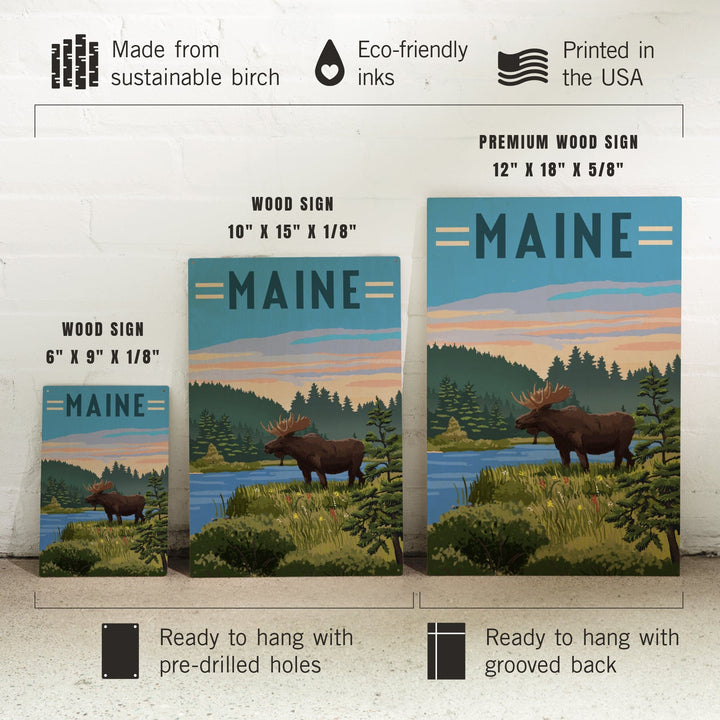Maine, Moose, Summer Scene, Lantern Press Artwork, Wood Signs and Postcards Wood Lantern Press 