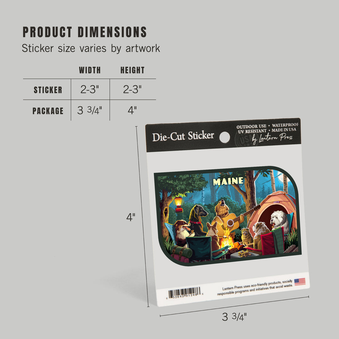 Maine, Painterly, Pack Life, Dogs Around Campfire, Vinyl Sticker Sticker Lantern Press 