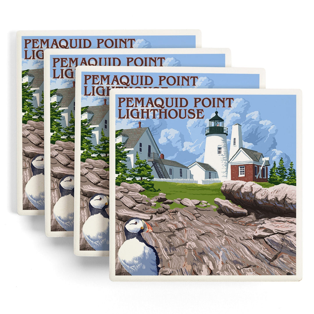 Maine, Pemaquid Lighthouse, Lantern Press Artwork, Coaster Set - Lantern Press