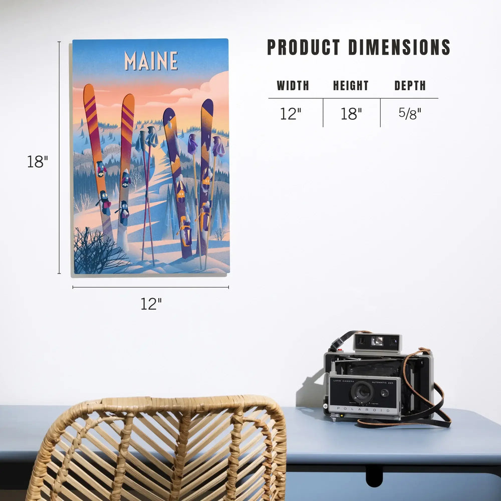 Maine, Prepare for Takeoff, Skis in Snowbank, Wood Signs and Postcards Wood Lantern Press 
