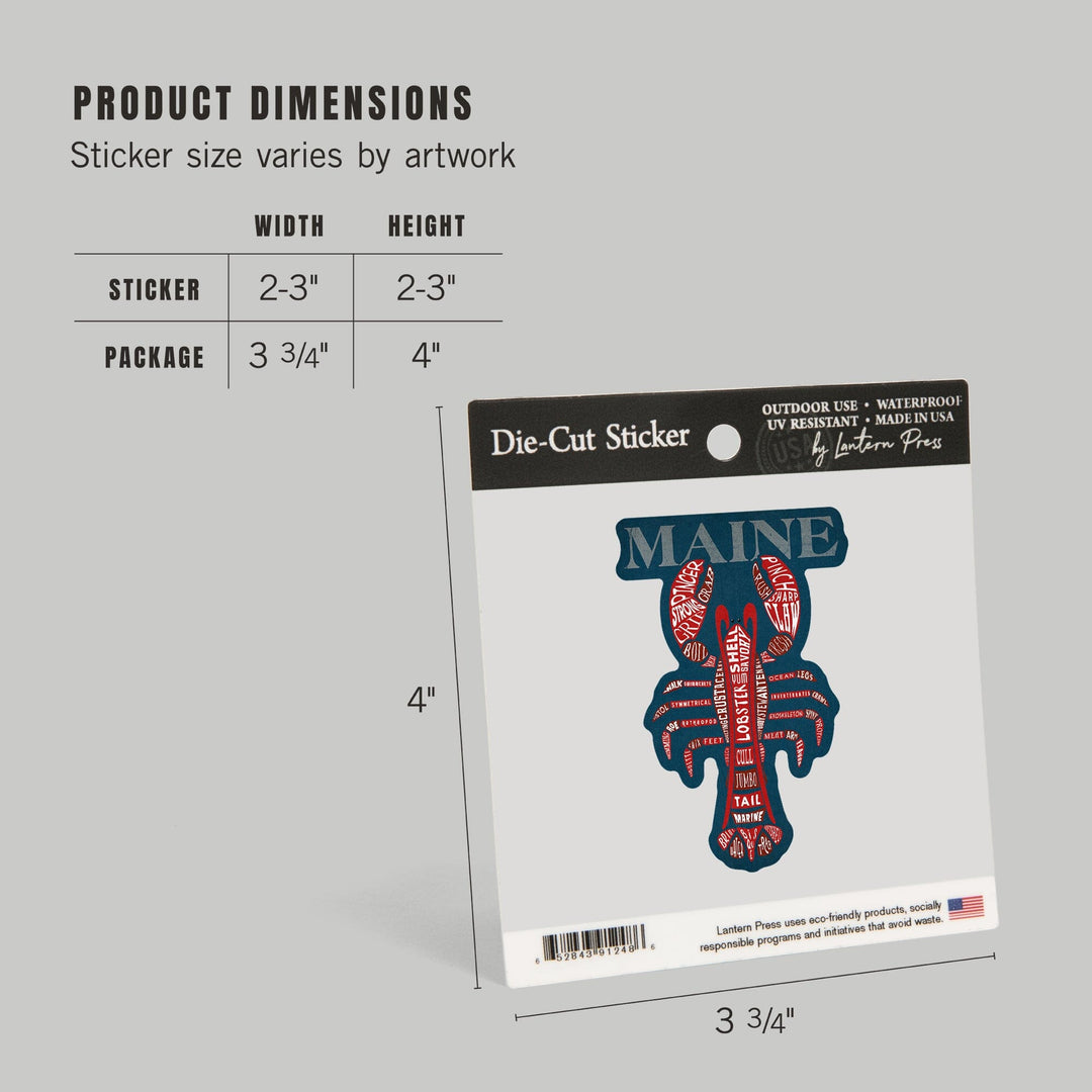 Maine, Red Lobster, Typography, Contour, Vinyl Sticker - Lantern Press