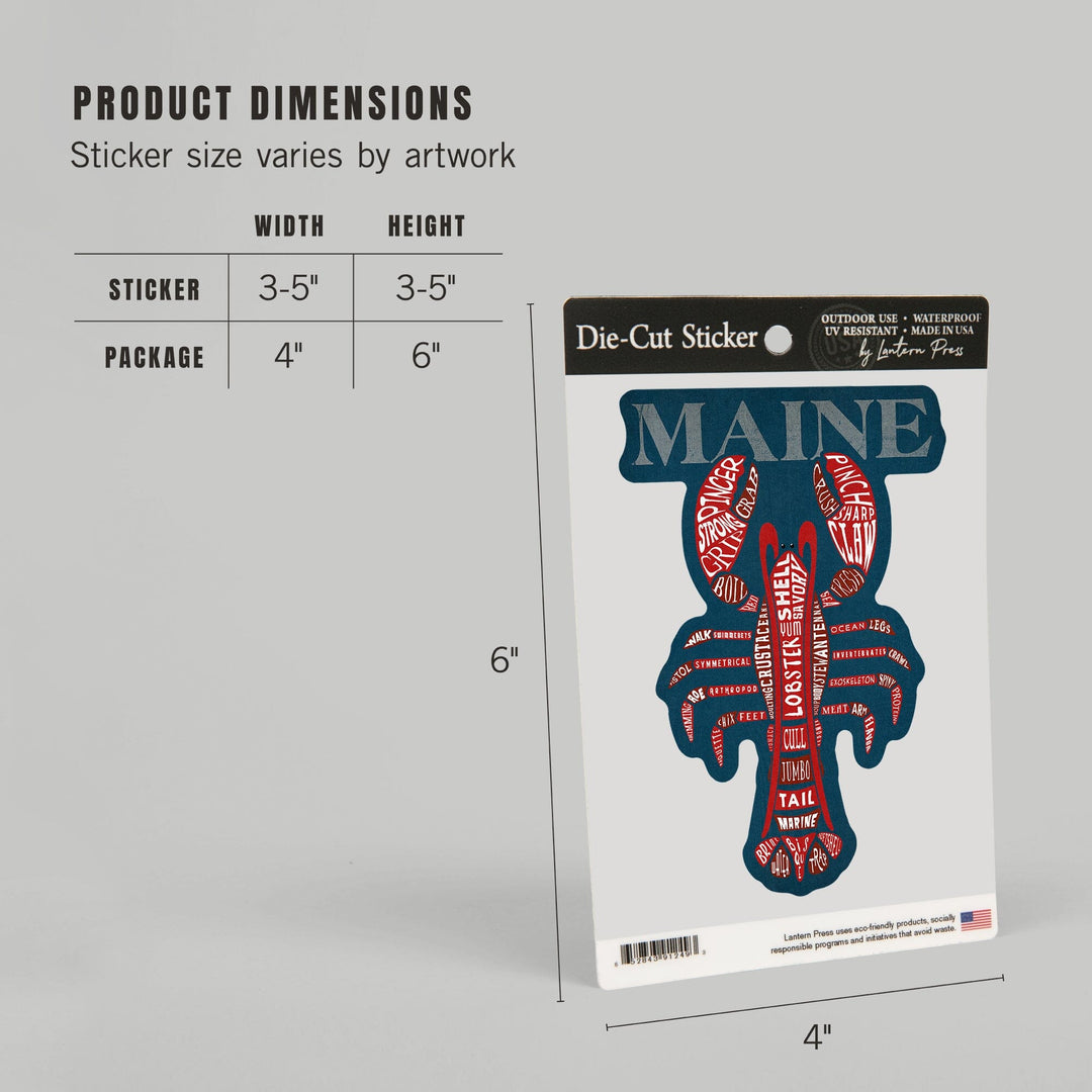 Maine, Red Lobster, Typography, Contour, Vinyl Sticker - Lantern Press