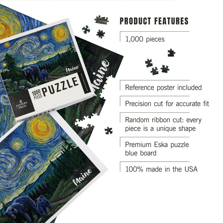 Maine, Starry Night, Bear and Cub, Jigsaw Puzzle Puzzle Lantern Press 