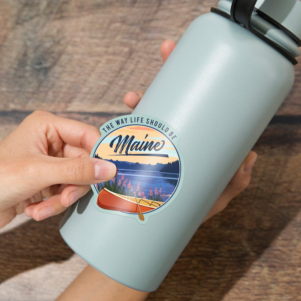 Maine, The Way Life Should Be, Canoe and Lake, Contour, Vinyl Sticker Sticker Lantern Press 