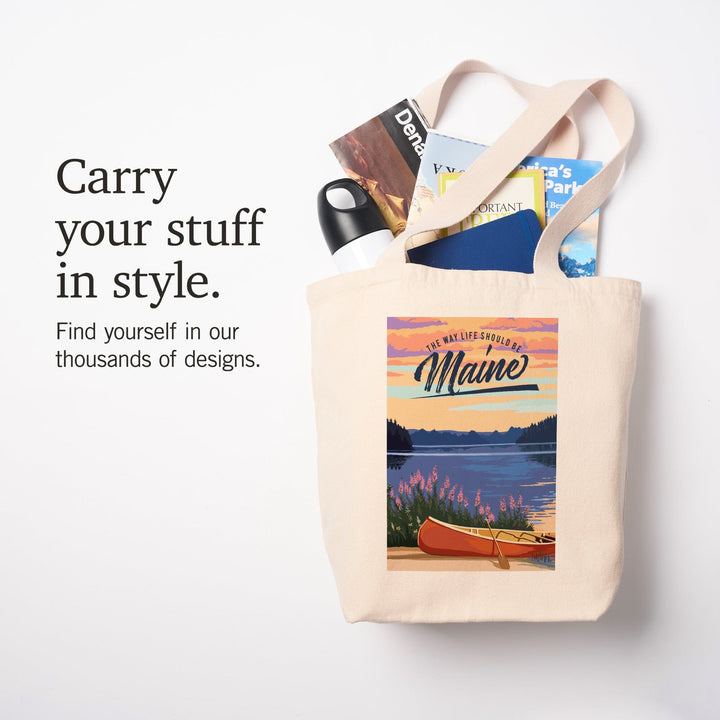 Maine, The Way Life Should Be, Canoe and Lake, Tote Bag Totes Lantern Press 