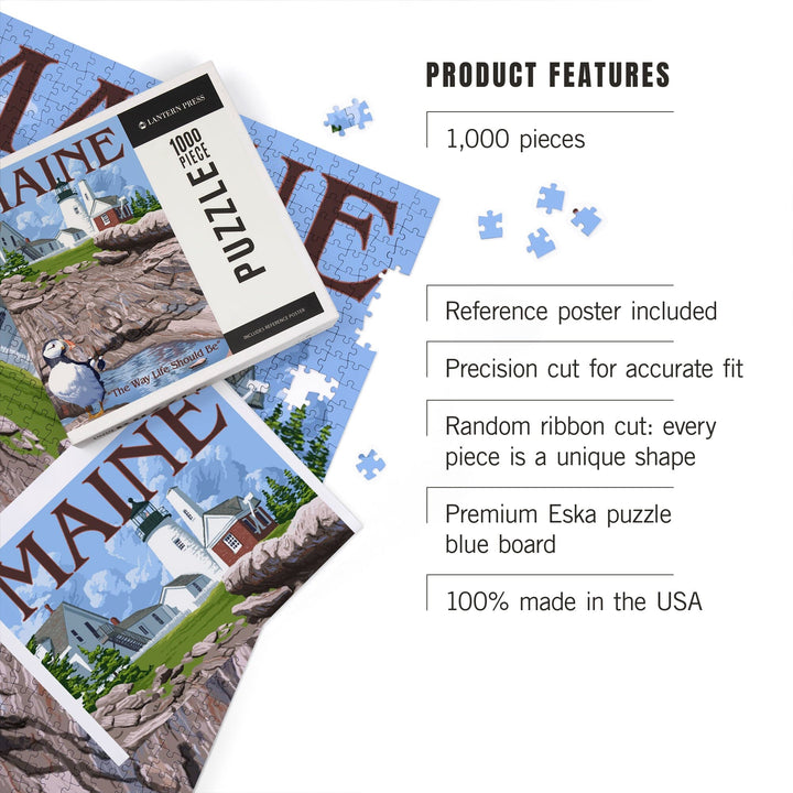 Maine, The Way Life Should Be, Lighthouse and Puffin, Jigsaw Puzzle Puzzle Lantern Press 