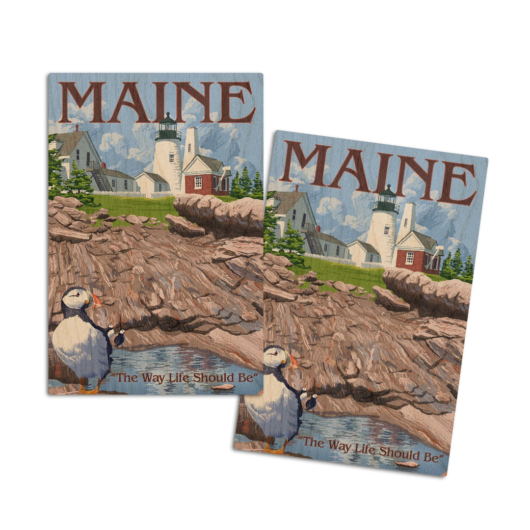 Maine, The Way Life Should Be, Lighthouse and Puffin, Lantern Press Artwork, Wood Signs and Postcards Wood Lantern Press 4x6 Wood Postcard Set 