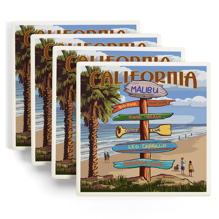 Malibu, California, Destinations Sign, Lantern Press Artwork, Coaster Set - Lantern Press