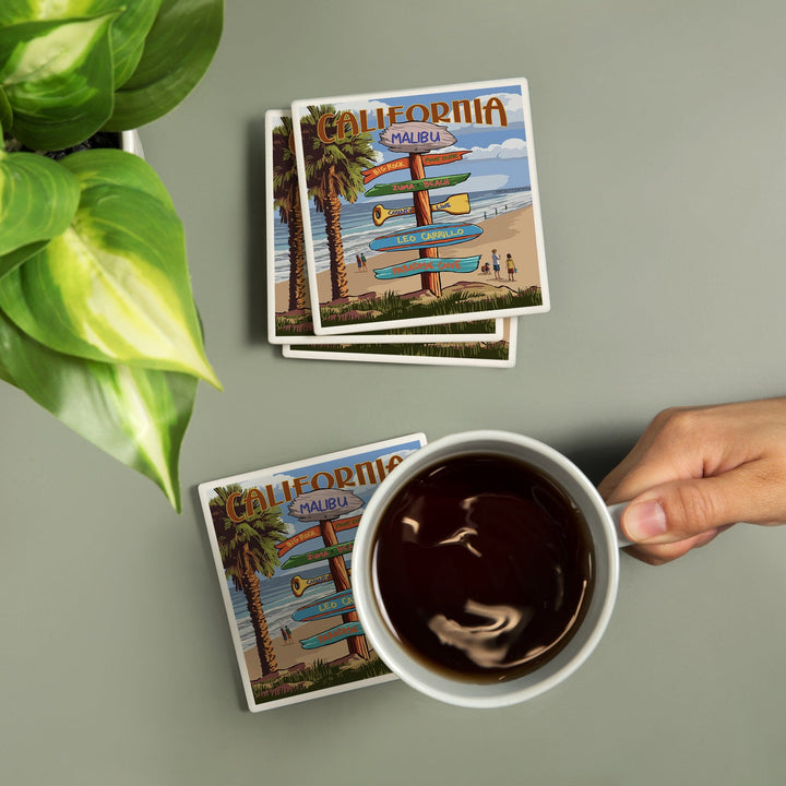 Malibu, California, Destinations Sign, Lantern Press Artwork, Coaster Set - Lantern Press