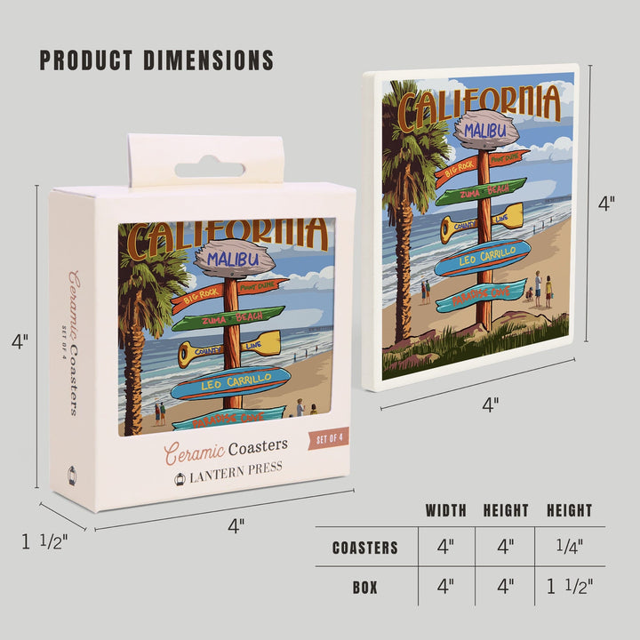 Malibu, California, Destinations Sign, Lantern Press Artwork, Coaster Set - Lantern Press