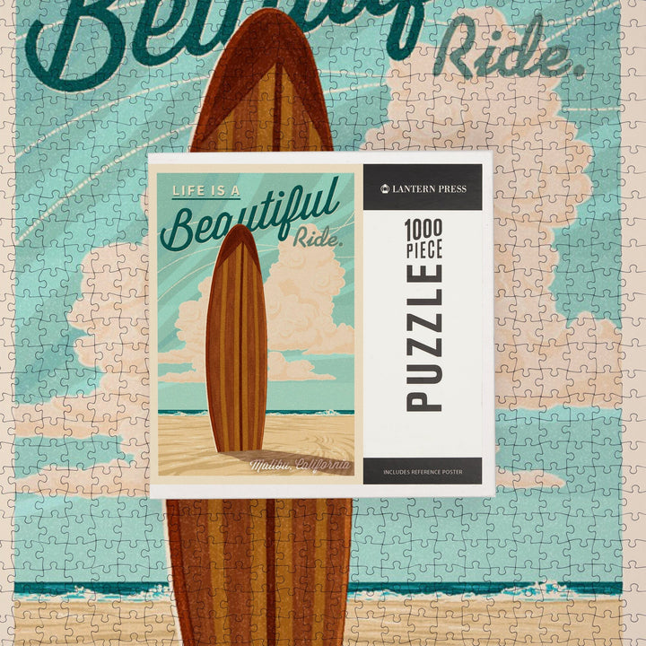 Malibu, California, Life is a Beautiful Ride, Surfboard, Letterpress, Jigsaw Puzzle Puzzle Lantern Press 