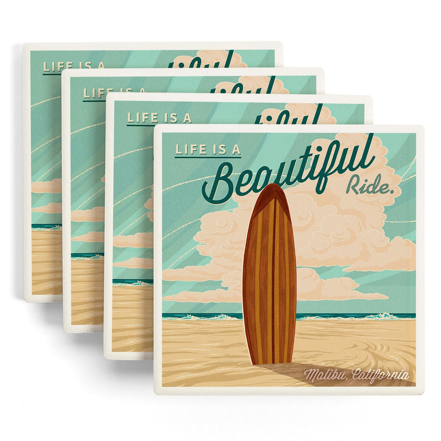 Malibu, California, Life is a Beautiful Ride, Surfboard, Letterpress, Lantern Press Artwork, Coaster Set - Lantern Press