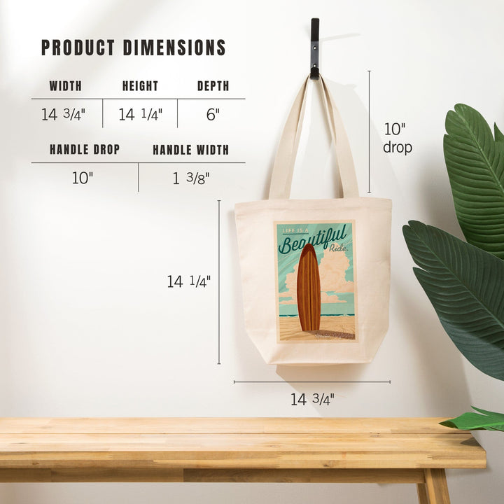 Malibu, California, Life is a Beautiful Ride, Surfboard, Letterpress, Tote Bag Totes Lantern Press 