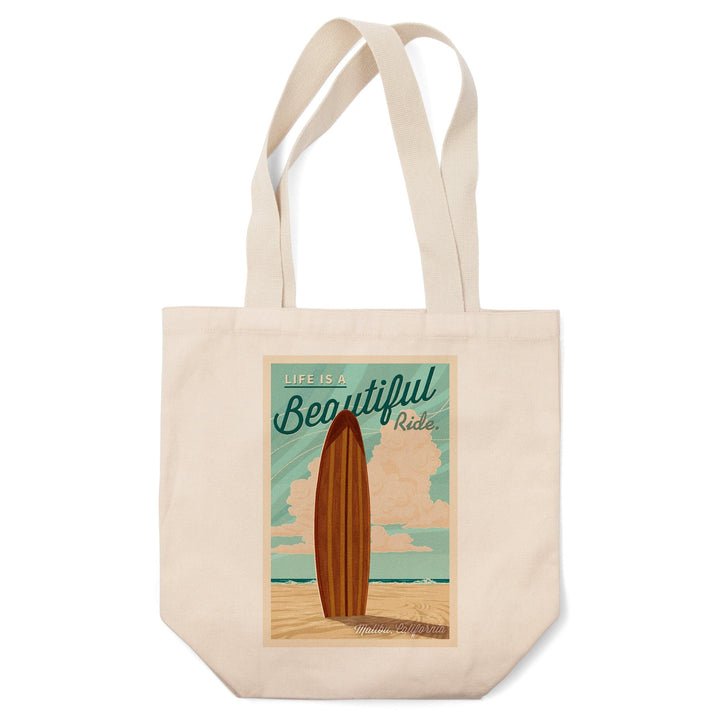 Malibu, California, Life is a Beautiful Ride, Surfboard, Letterpress, Tote Bag Totes Lantern Press 