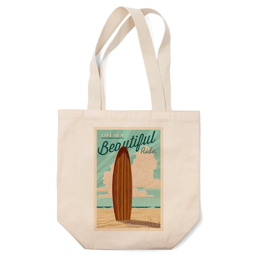 Malibu, California, Life is a Beautiful Ride, Surfboard, Letterpress, Tote Bag Totes Lantern Press 
