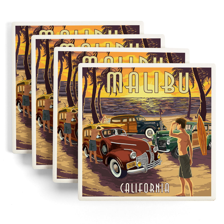 Malibu, California, Woodies on the Beach, Lantern Press Artwork, Coaster Set - Lantern Press