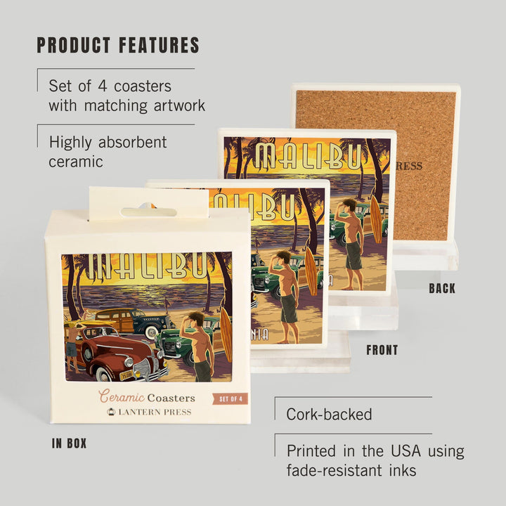 Malibu, California, Woodies on the Beach, Lantern Press Artwork, Coaster Set - Lantern Press