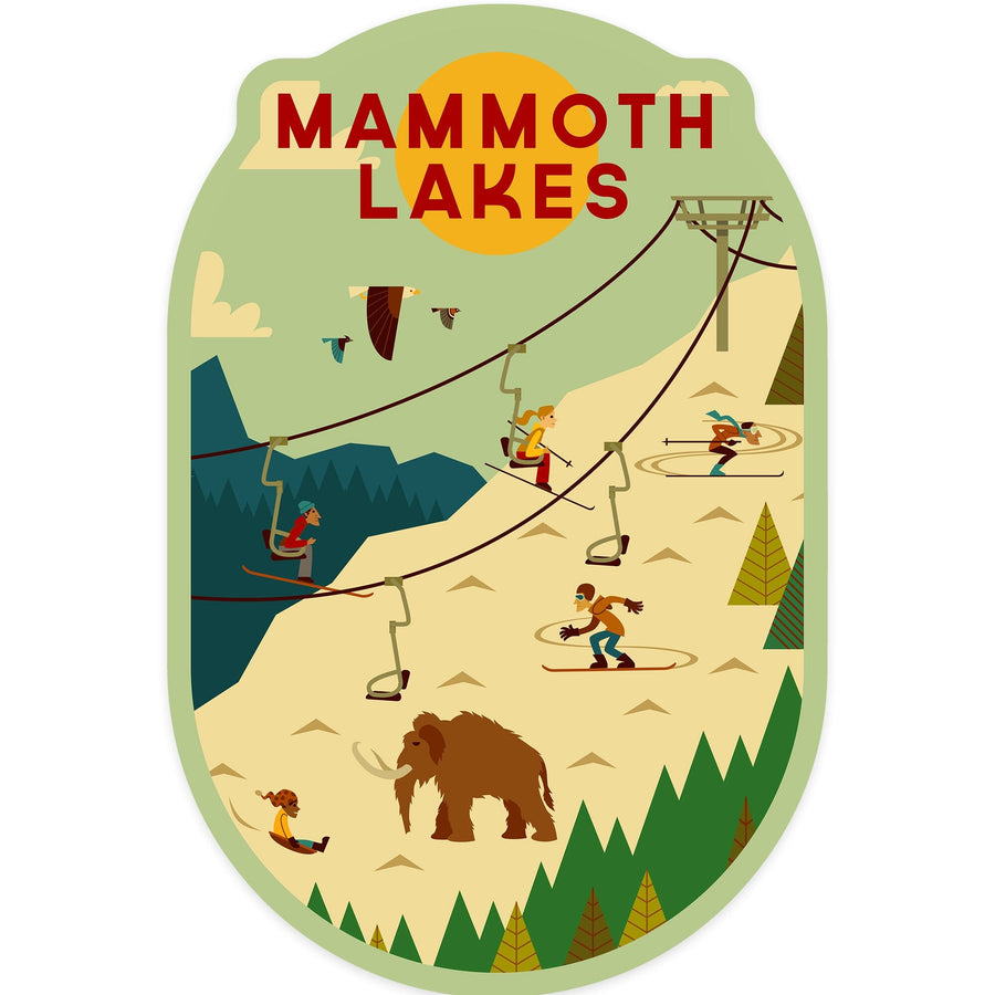 Mammoth, California, Geometric, Chairlift Skiers, Contour, Vinyl Sticker Sticker Lantern Press 
