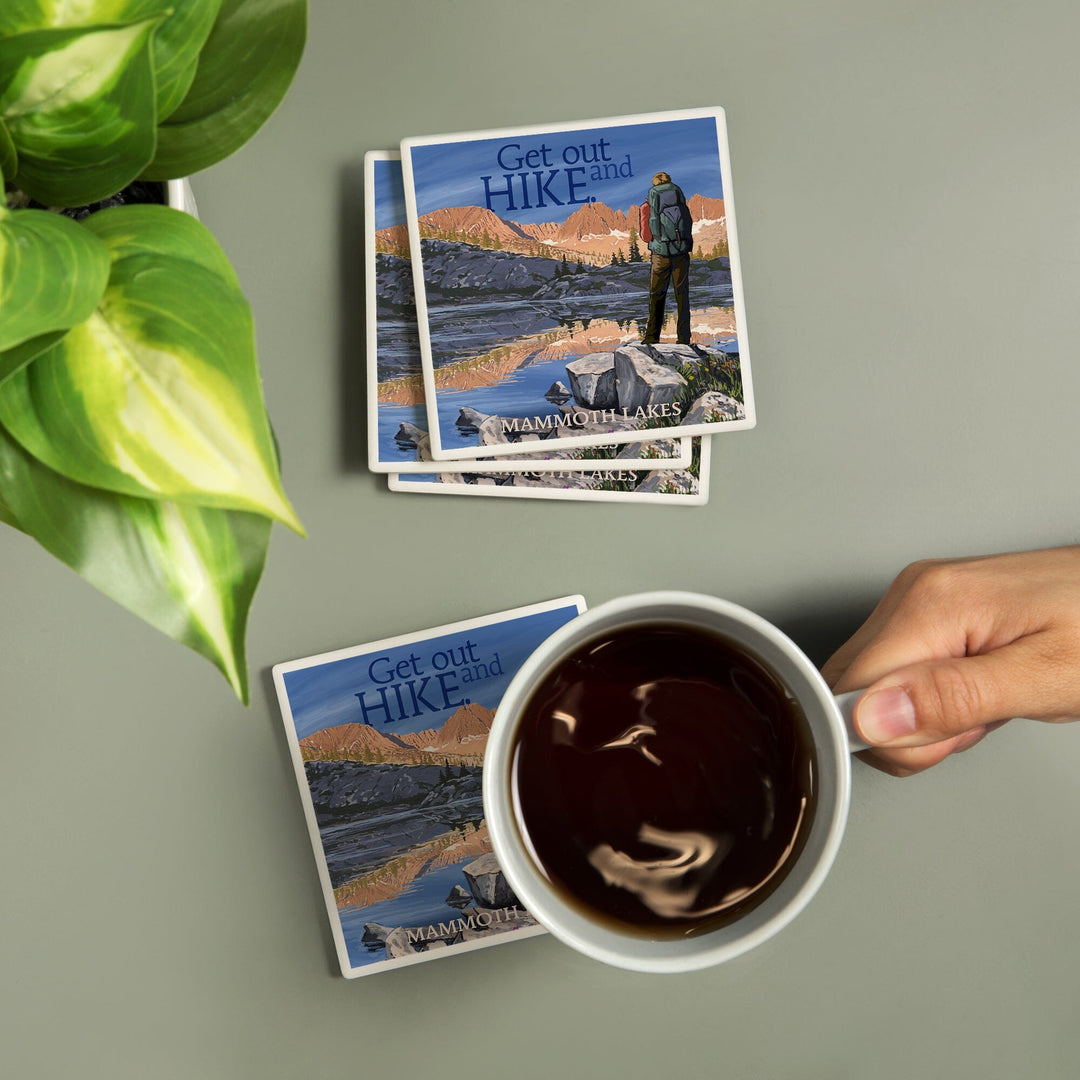 Mammoth Lakes, California, Get Out & Hike, Hiker & Lake, Lantern Press Artwork, Coaster Set - Lantern Press