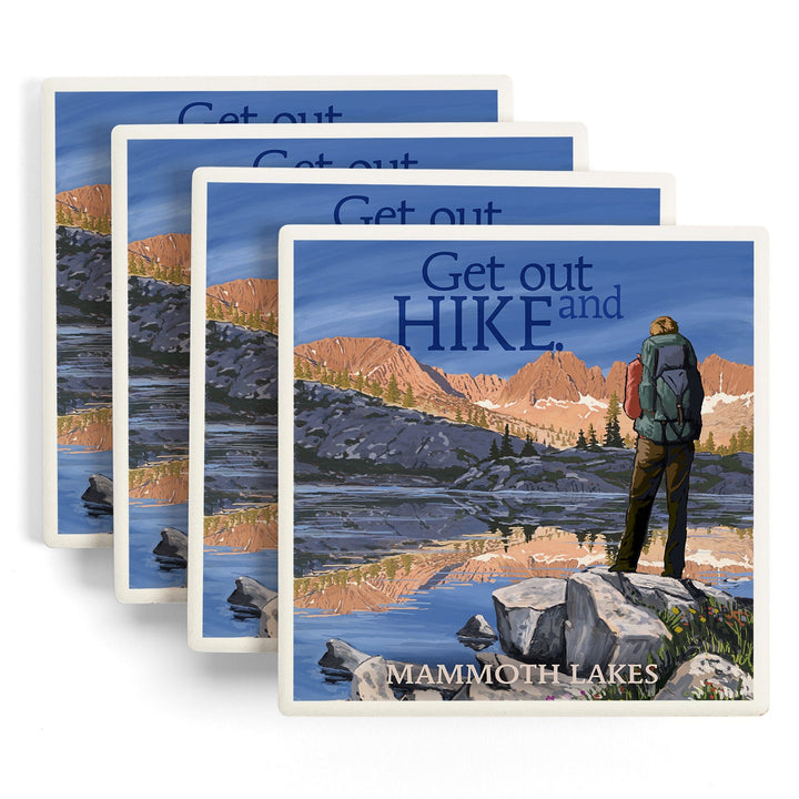 Mammoth Lakes, California, Get Out & Hike, Hiker & Lake, Lantern Press Artwork, Coaster Set - Lantern Press