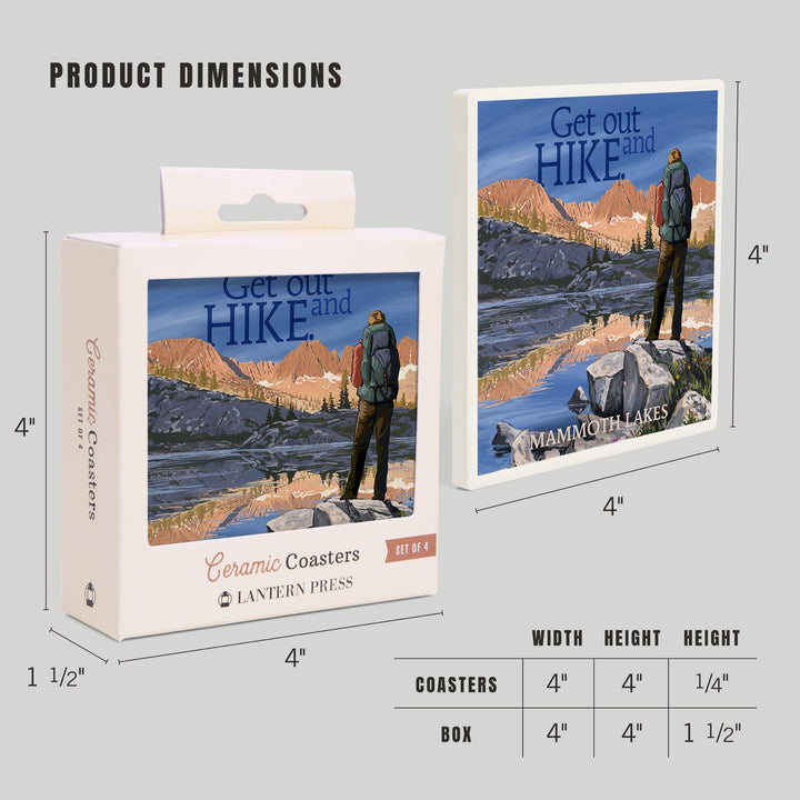 Mammoth Lakes, California, Get Out & Hike, Hiker & Lake, Lantern Press Artwork, Coaster Set - Lantern Press