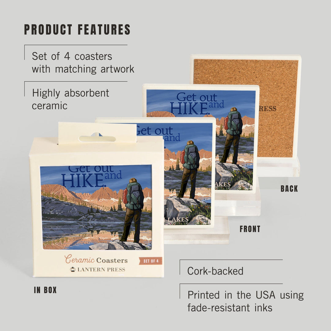 Mammoth Lakes, California, Get Out & Hike, Hiker & Lake, Lantern Press Artwork, Coaster Set - Lantern Press