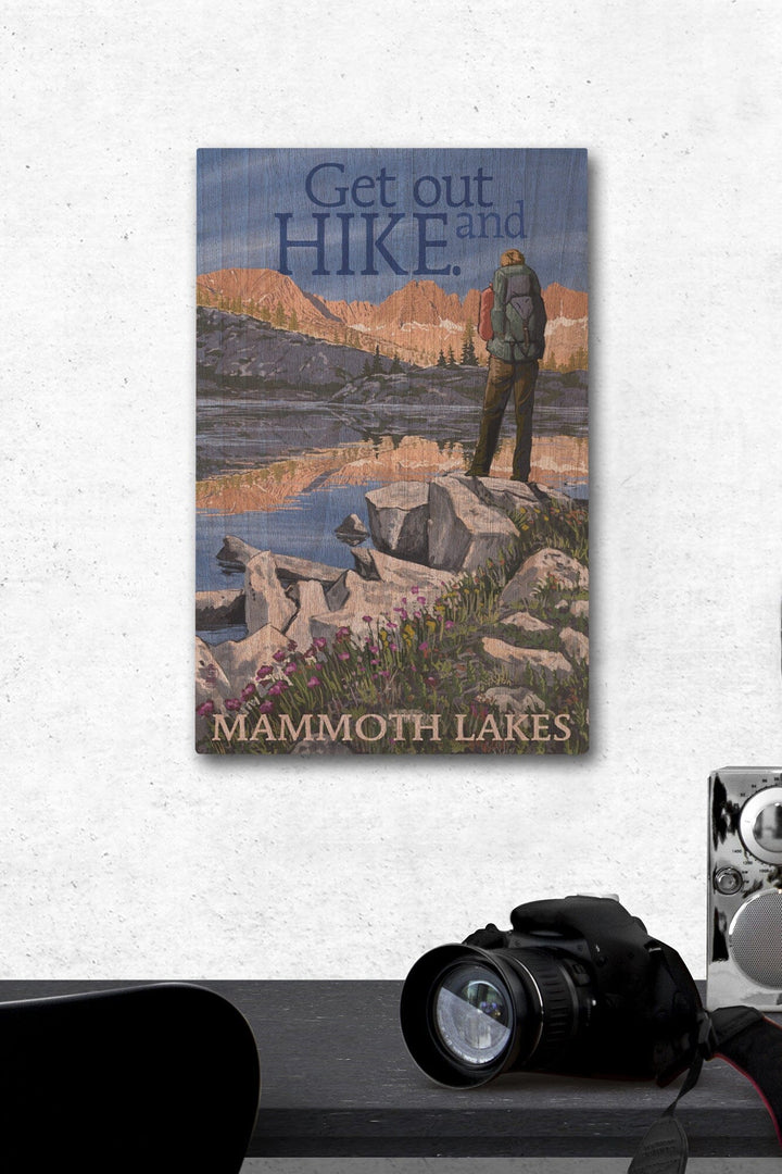 Mammoth Lakes, California, Get Out & Hike, Hiker & Lake, Lantern Press Artwork, Wood Signs and Postcards Wood Lantern Press 12 x 18 Wood Gallery Print 