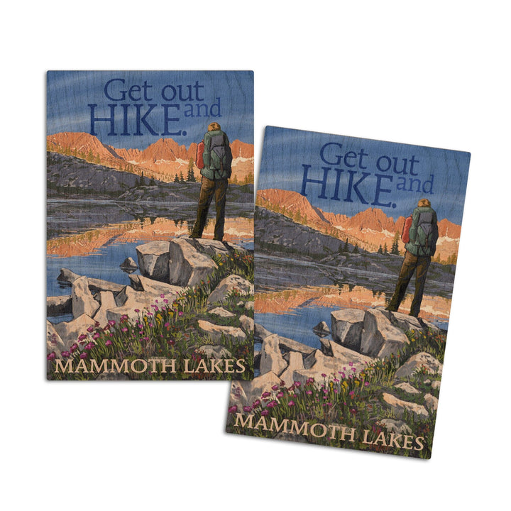 Mammoth Lakes, California, Get Out & Hike, Hiker & Lake, Lantern Press Artwork, Wood Signs and Postcards Wood Lantern Press 4x6 Wood Postcard Set 