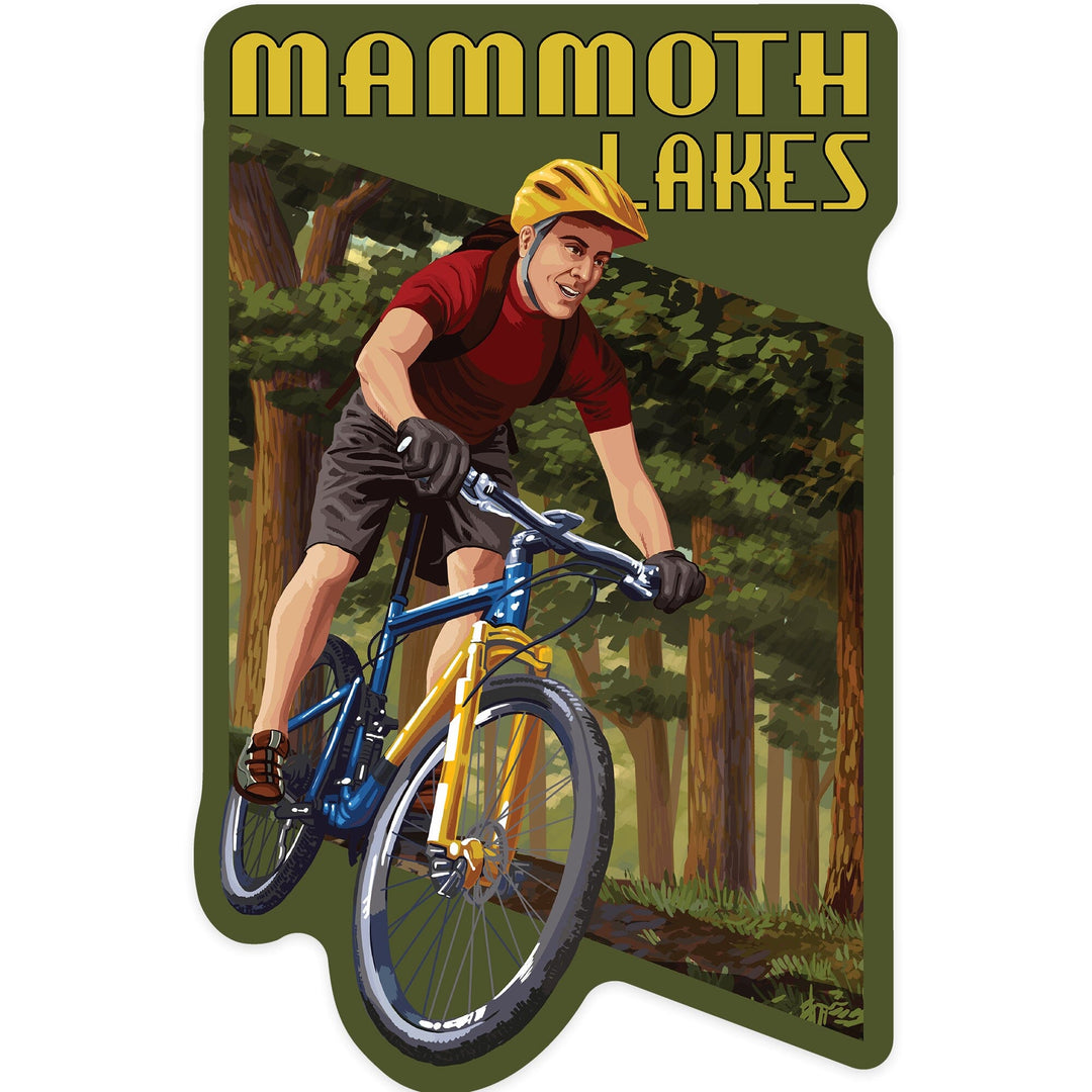 Mammoth Lakes, California, Mountain Biker in Trees, Contour, Vinyl Sticker - Lantern Press